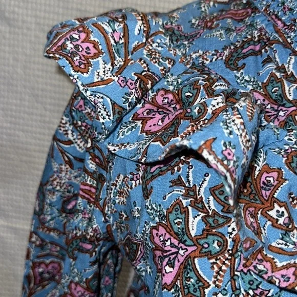 LOFT Blue Paisley Ruffle Yoke Blouse Size Small Button Front - Picture 5 of 12